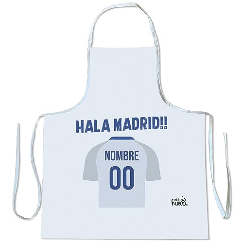 mundohuevo Delantal personalizado con texto. Regalo original. Camiseta Madrid. Equipo de futbol. Haz un regalo único